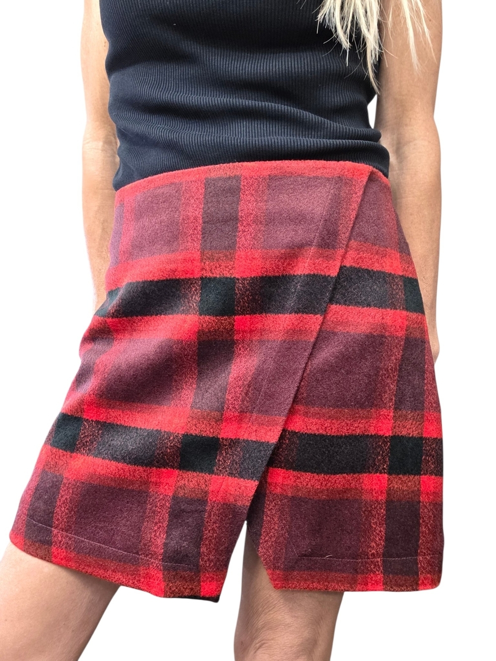 Abercrombie & Fitch Plaid Wool Blend Faux Wrap Mini Skirt Red Black 4